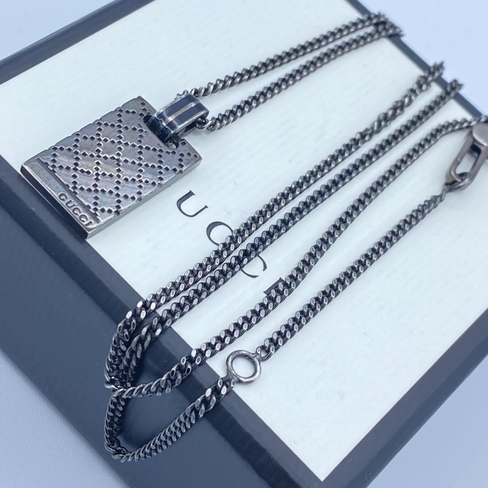 Authentic Gucci Sliver Sterling Diamantissima Black Necklace 22"